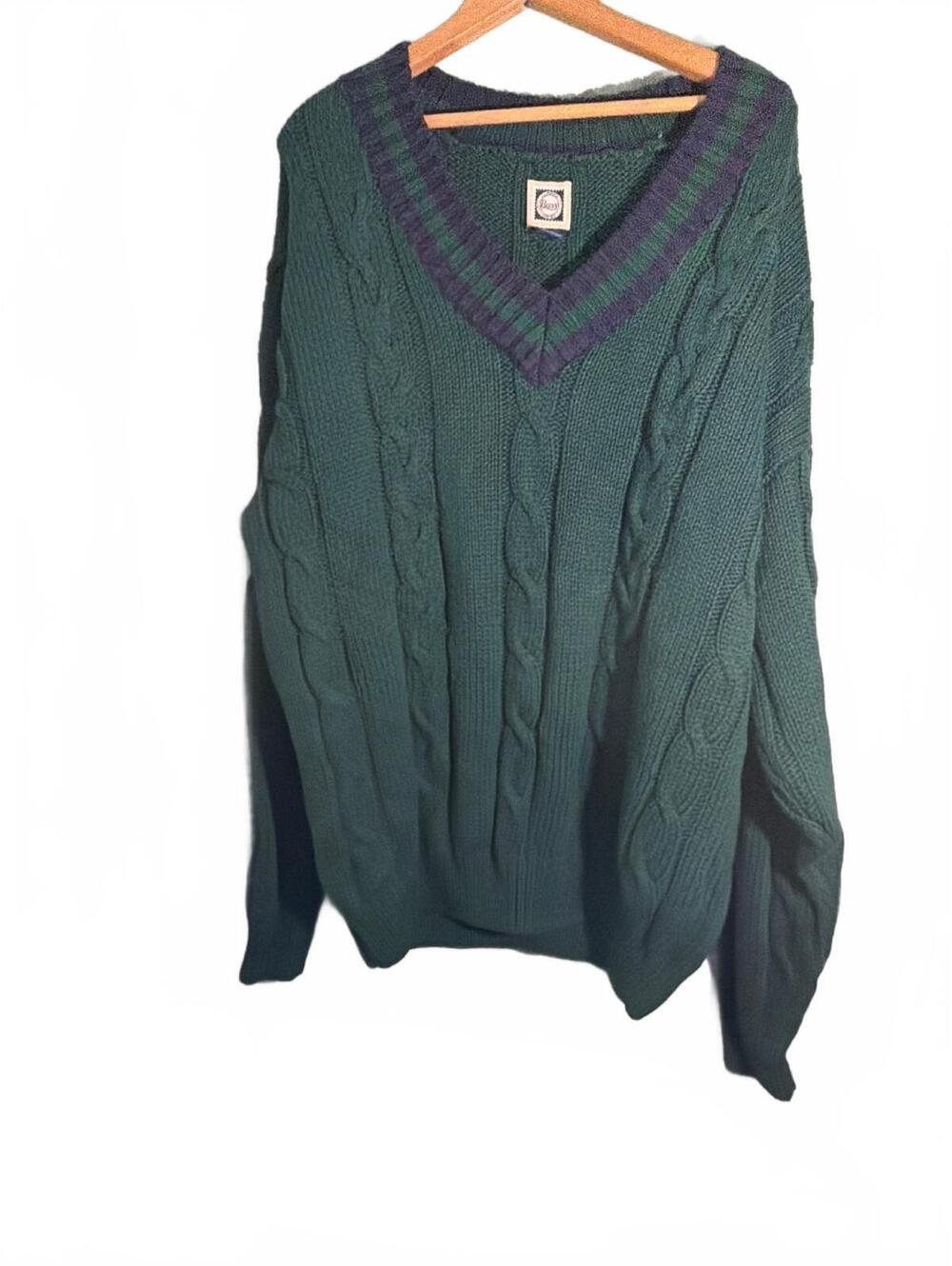 Vintage Bass Cable Knit V-Neck Sweater XL Green with Navy Trim